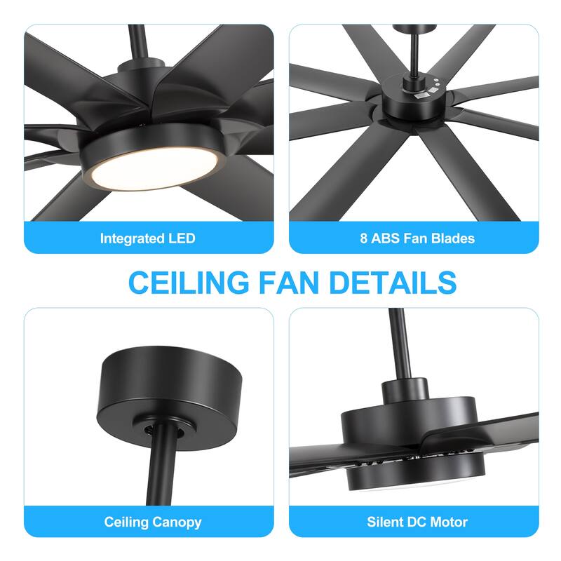 72-inch Large LED Ceiling Fan with Light and Remote(8-Blades)