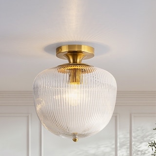 Rennnsan 1-Light Vintage Ribbed Glass & Brass Flush Mount Ceiling Light for Bedroom - 1 Light