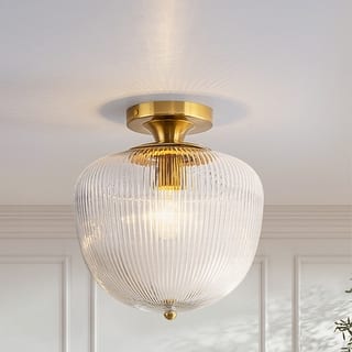 1-Light Vintage Industrial Ribbed Glass & Brass Flush Mount Ceiling Light for Bedroom - 1 Light