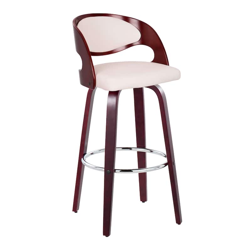 Carson Carrington Visby 30" Fixed-Height Bar Stool with Bent Wood Legs & Round Footrest (Set of 2) - White PU/Mahogany Wood/Chrome Metal