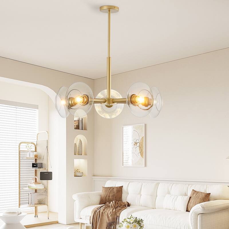 Mid-Century Chandelier, 5-Light Gold Chandelier with Clear Glass Shades, for Dining Room, Kitchen Island and Living Room