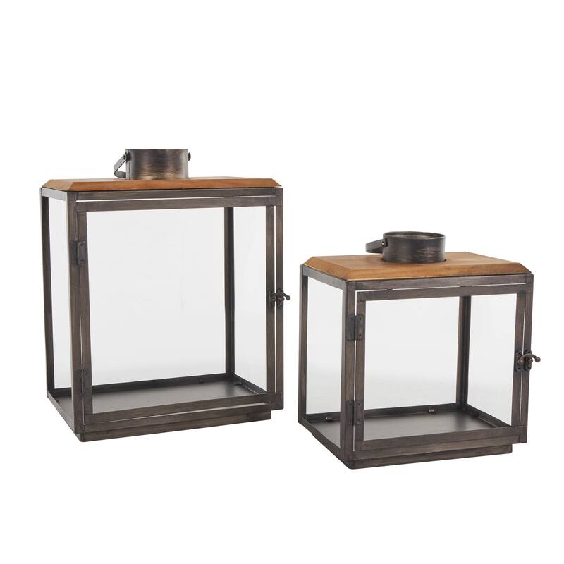 Dark Gray Metal Brushed Rectangular Indoor Outdoor Candle Lantern with Brown Wood Tops (Set of 2)