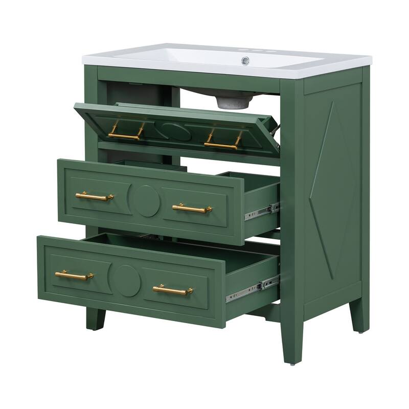 30 inch MDF Freestanding Bathroom Vanity Set in Green with Integrated Resin Sink
