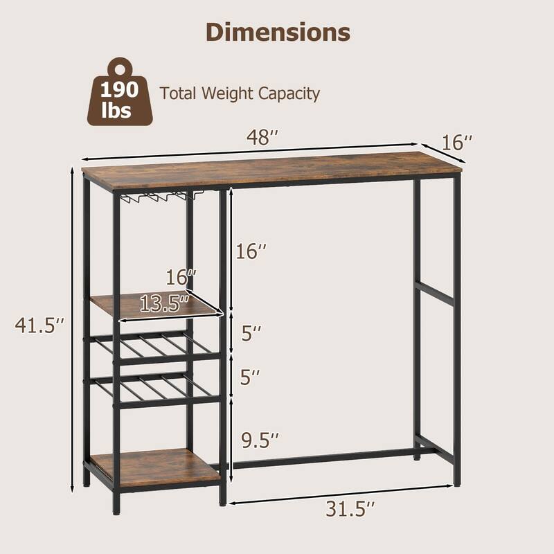 Costway 48" Long Bar Table with Storage Shelves Wine Racks & Stemware - Rustic Brown + Black - See Details