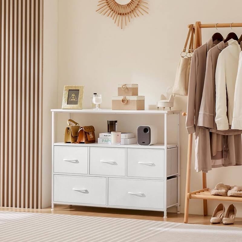 Modern 5 Fabric Drawer 11.8 in. Wide Chest of Drawers with Open Shelf & TV Stand for 45 Inch TV Living Room - White