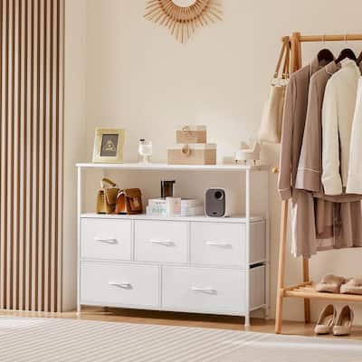 Modern 5 Fabric Drawer 11.8 in. Wide Chest of Drawers with Open Shelf & TV Stand for 45 Inch TV Living Room
