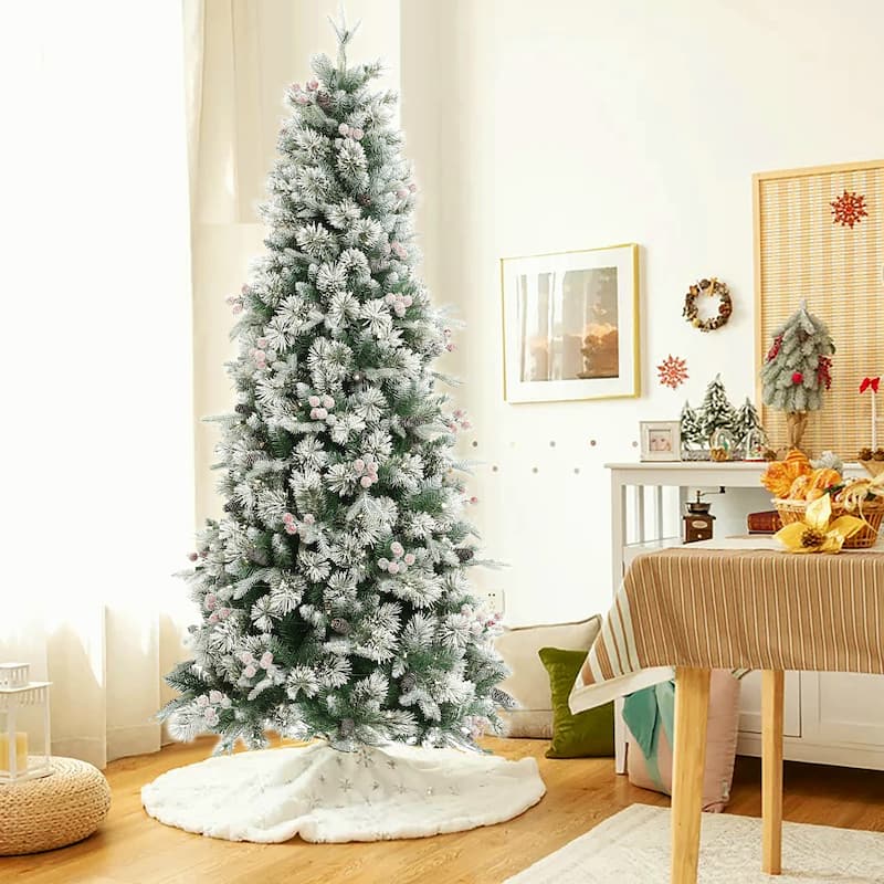 6.5Ft Pre-Lit Flocked Artificial Christmas Tree with Berries and Pinecones - 78" H x 40.6" Diameter
