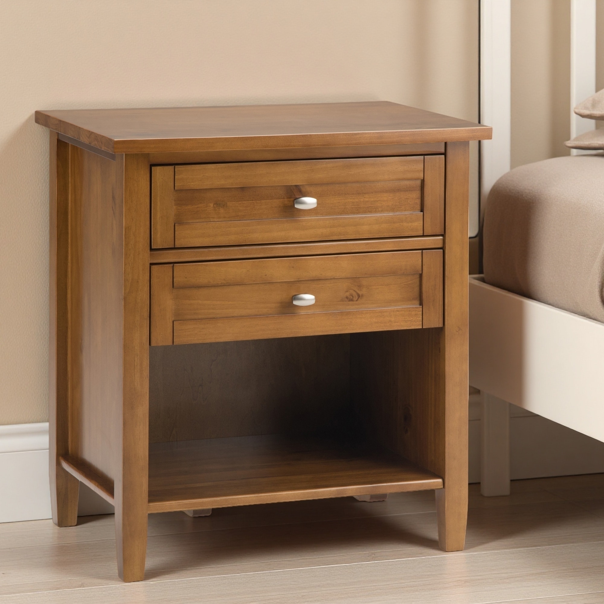 24"L Solid Wood Warm Shaker Bedside Table, 2-Drawer Nightstand with Lower Shelf, Tobacco Brown Finish, Transitional Design