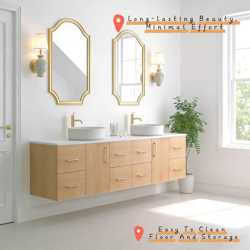 Prismella 60" 72" 84" Floating Vanity with Round Vessel Sink, Quartz Top