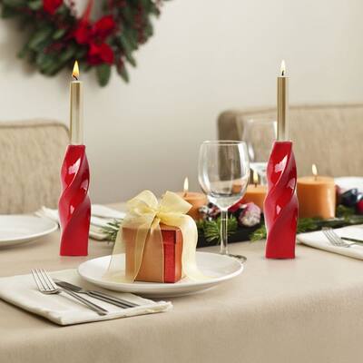 Set of Two Tall Curvy Santa Fe Style Candlesticks in Red
