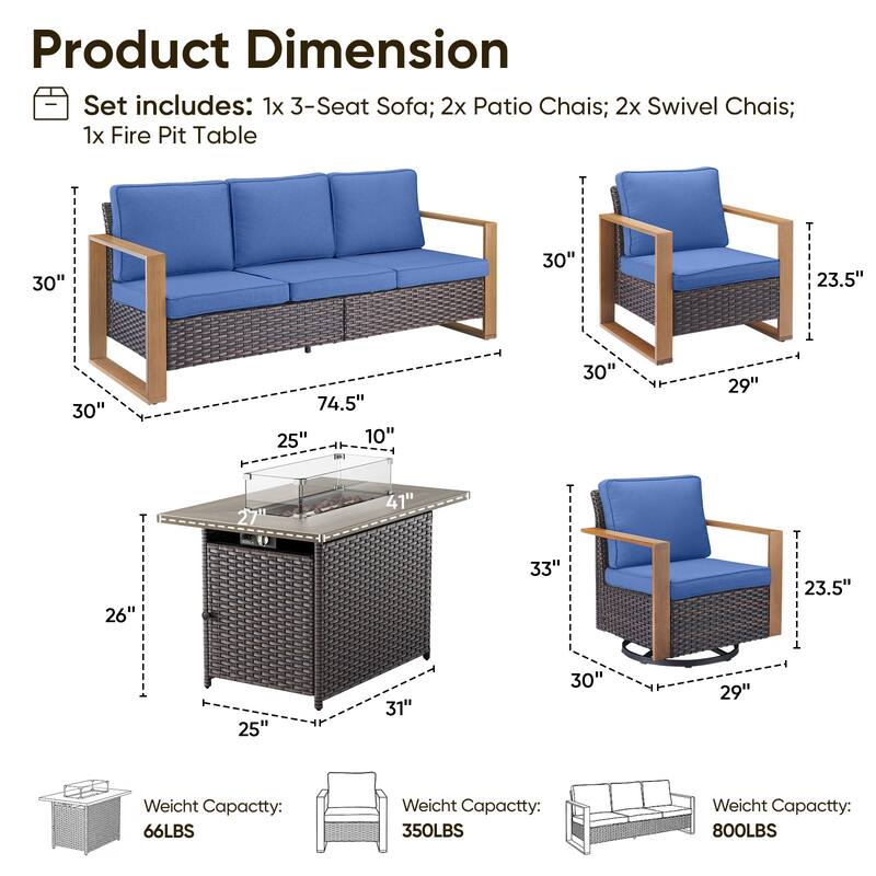 Pocassy Fire Pit Table with Outdoor Sofa Chair Ottoman Set