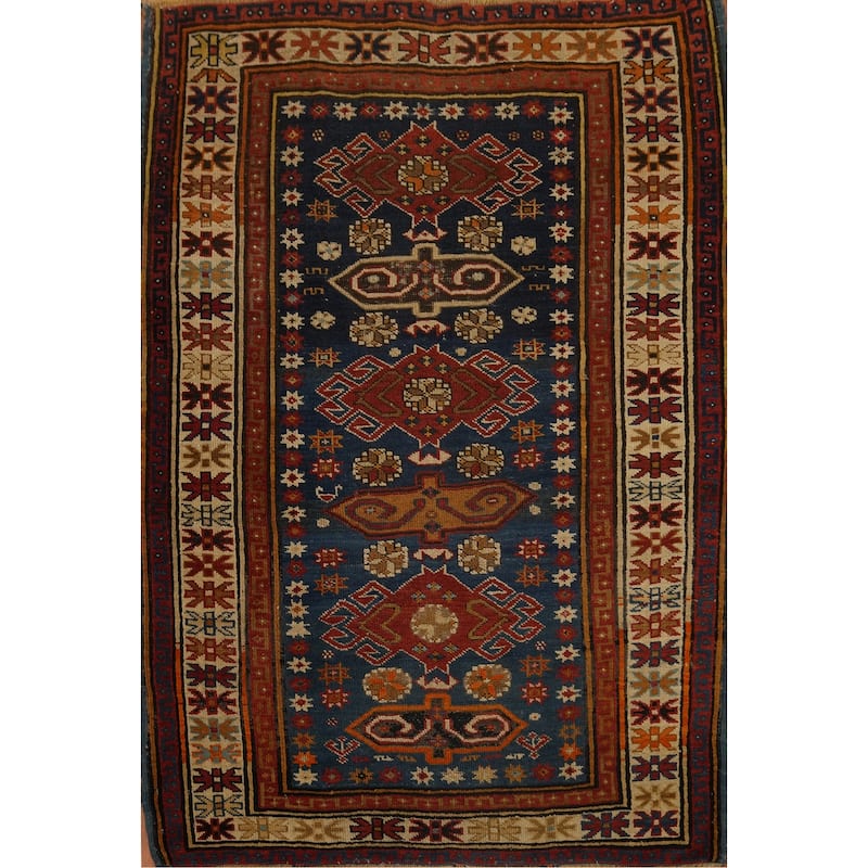 Hand Knotted Oriental 100% Wool Carpet Traditional Geometric Navy Blue & Blues Kazak Area Rug - 4' 7'' X 3' 6''