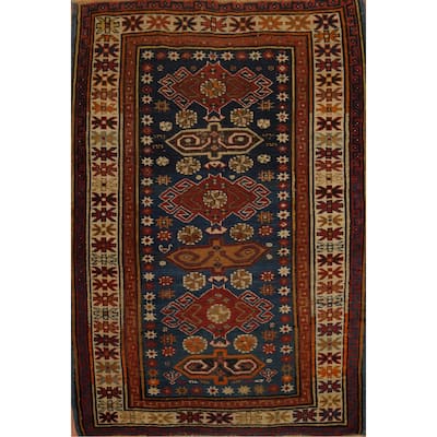 Hand Knotted Oriental 100% Wool Carpet Traditional Geometric Navy Blue & Blues Kazak Area Rug - 4' 7'' X 3' 6''