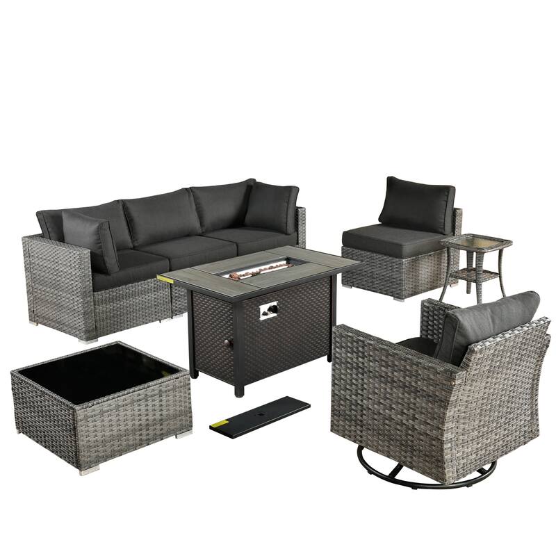 XIZZI 8-piece Patio Outdoor Wicker Furniture Swivel Chair Set with Firepit Table