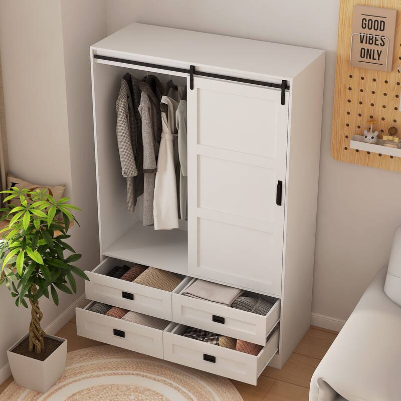 Armoire Wardrobe Closet, Wardrobe Cabinet with Sliding Barn Door, 4 Drawers,Adjustable Shelves & Hanging Rod