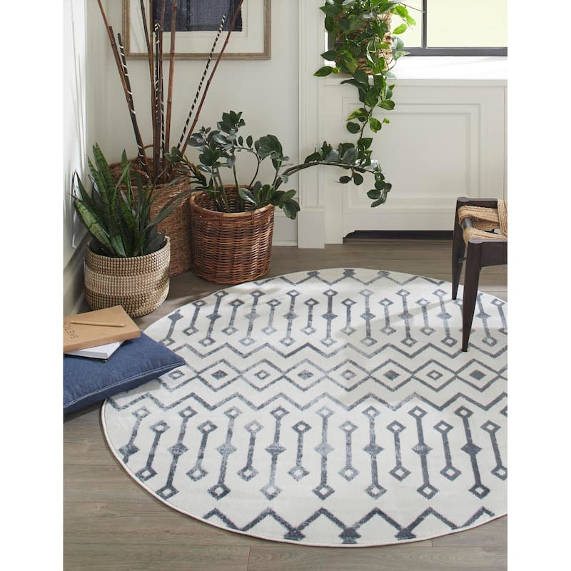 Contemporary Pico Collection Area Rug - 7' Round - Ivory-Navy Blue