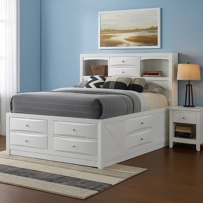Eight Drawer Full Size Storage Bed with Bookcase Headboard, White