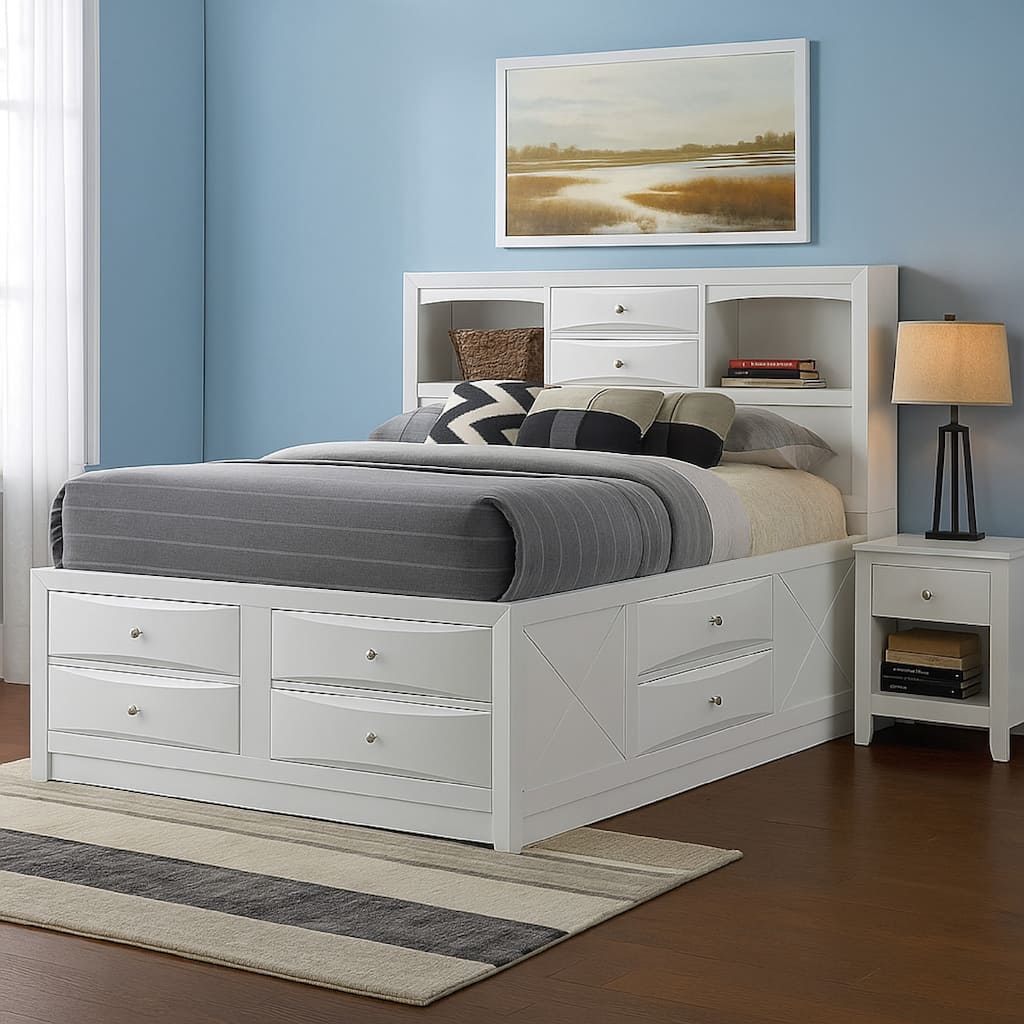 Eight Drawer Full Size Storage Bed with Bookcase Headboard, White