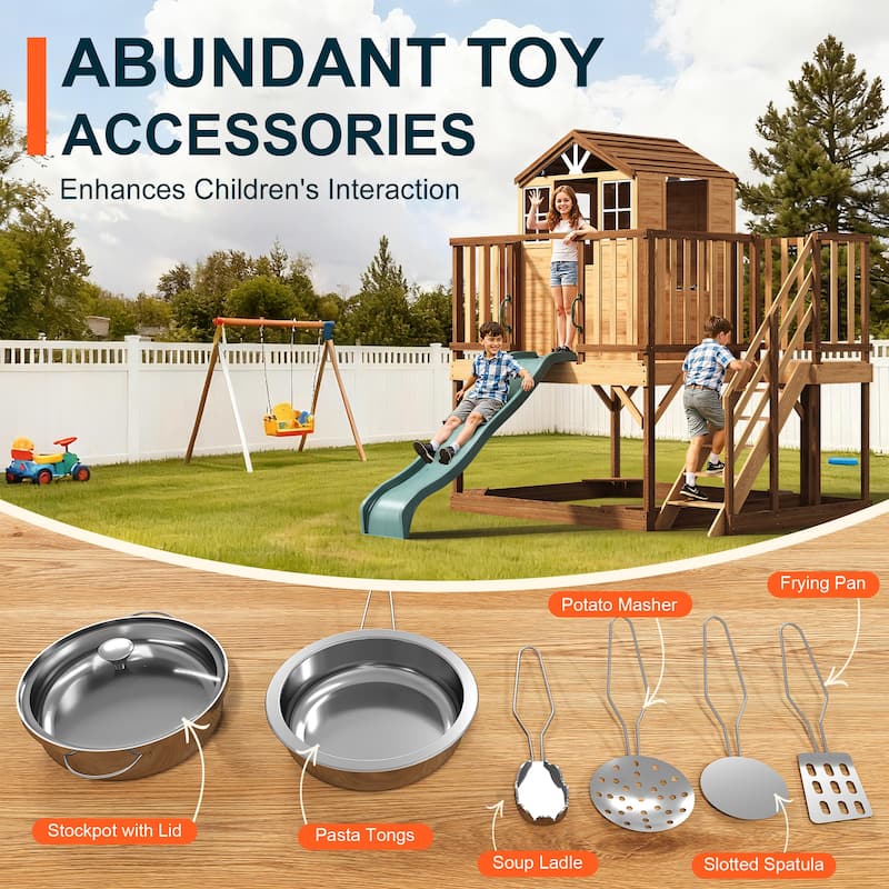 9-in-1 Wooden Playhouse with Slide & Sandbox