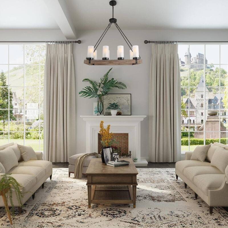 Farmhouse 8-Light Wood Chandelier Frosted Glass Kitchen Island Lights - 30"L x 12"W x 27.5"H