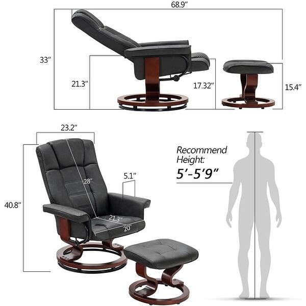 dimension image slide 0 of 6, Mcombo Swiveling Recliner Chair with Wood Base and Ottoman