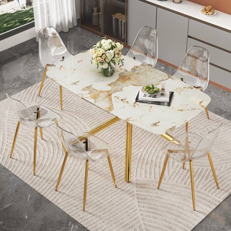 Modern Dining Table Set for 4-6, 63" Marble-Patterned Tempered Glass Table with Plastic Chairs, Compact Modern Kitchen Table Set - Transparent,White+Gold - 7 Piece