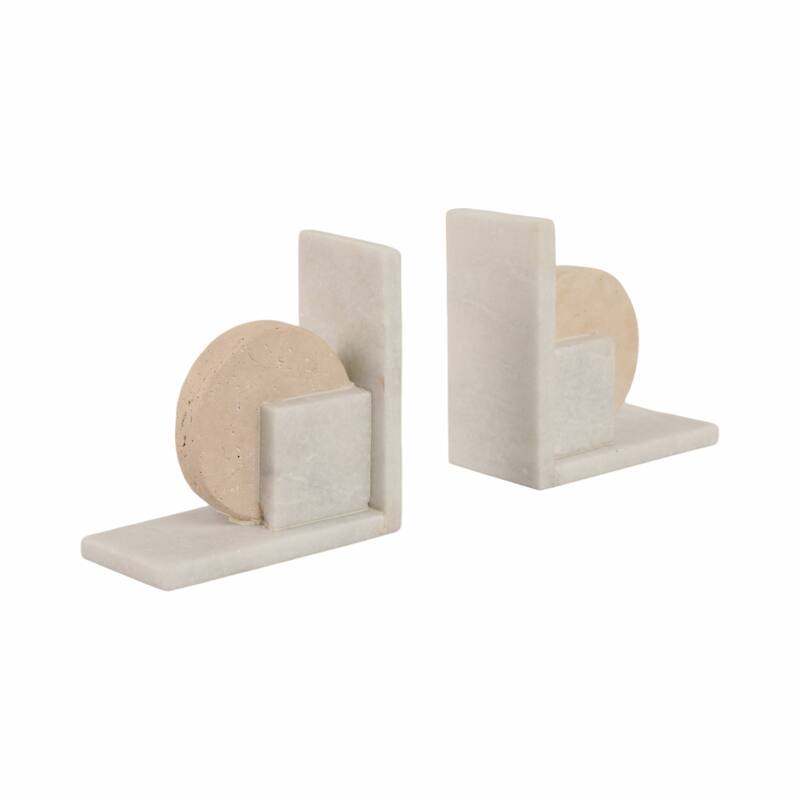 Decorative Geometric Marble Bookends - Set of 2 , 6", White & Tan - 6.0"
