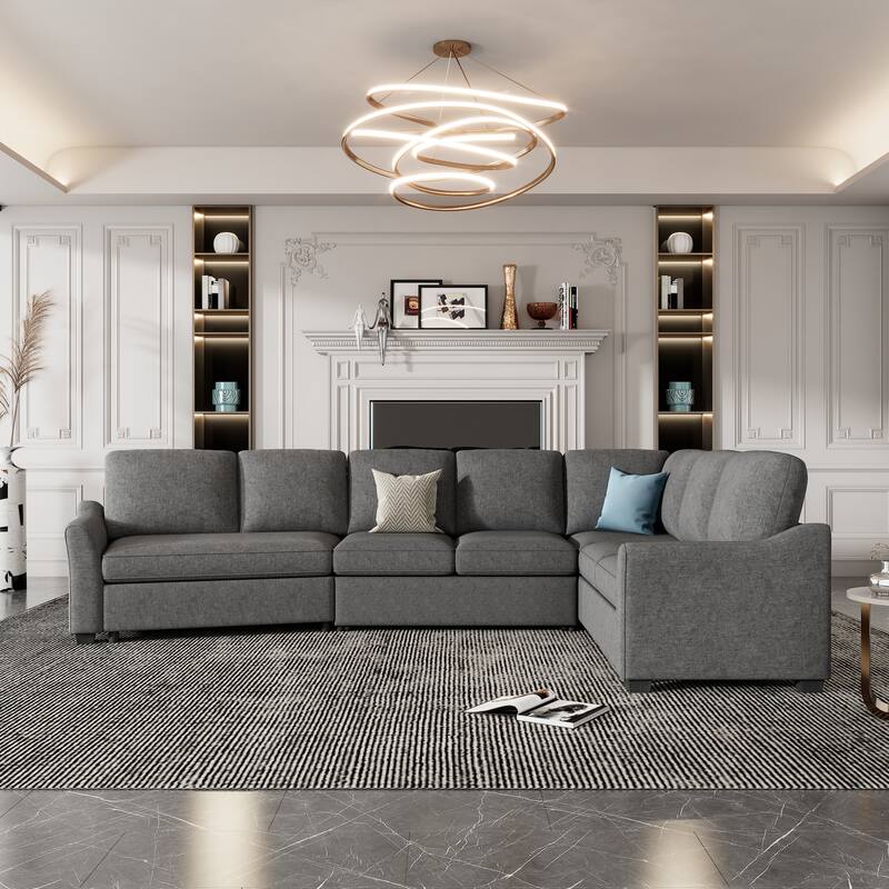 Gray Chenille Sectional Sleeper Sofa with USB Charging Ports, Pull-Out Bed