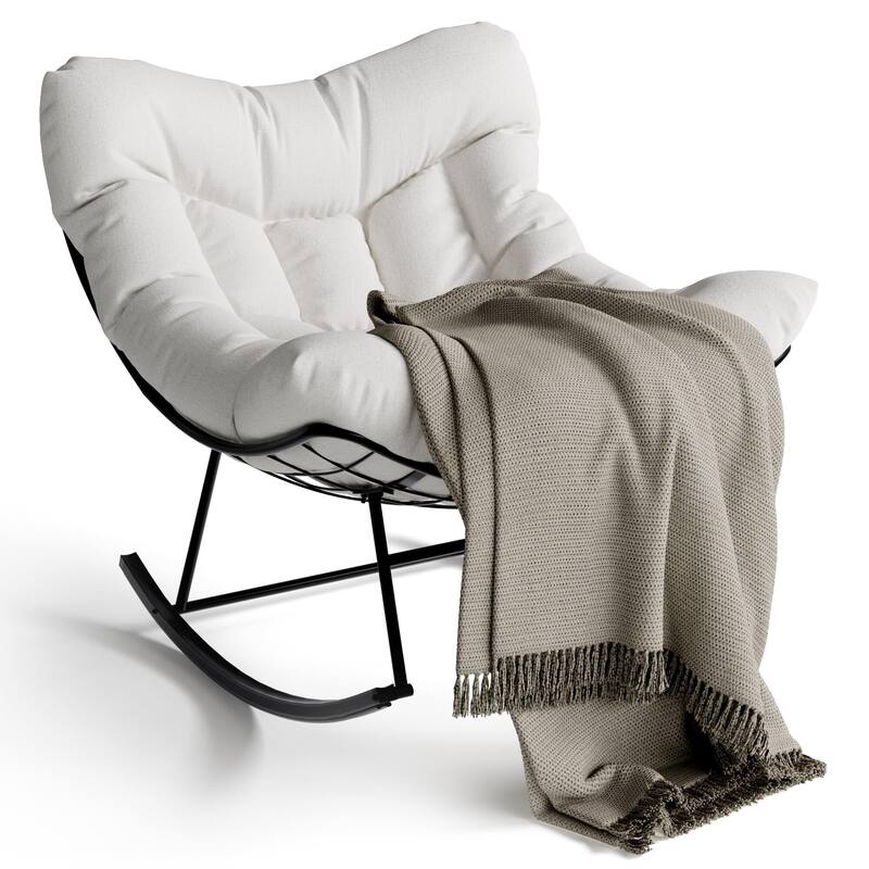 Outdoor Papasan Rocking Chair, Oversized Rocking Chair with Sturdy Metal Frame, Patio Rattan Egg