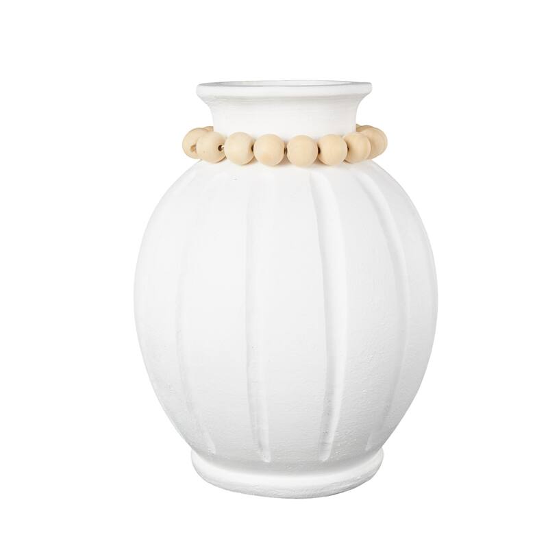 White Magnesium Oxide Decorative Vase with Light Brown Beads and Carved Grooves