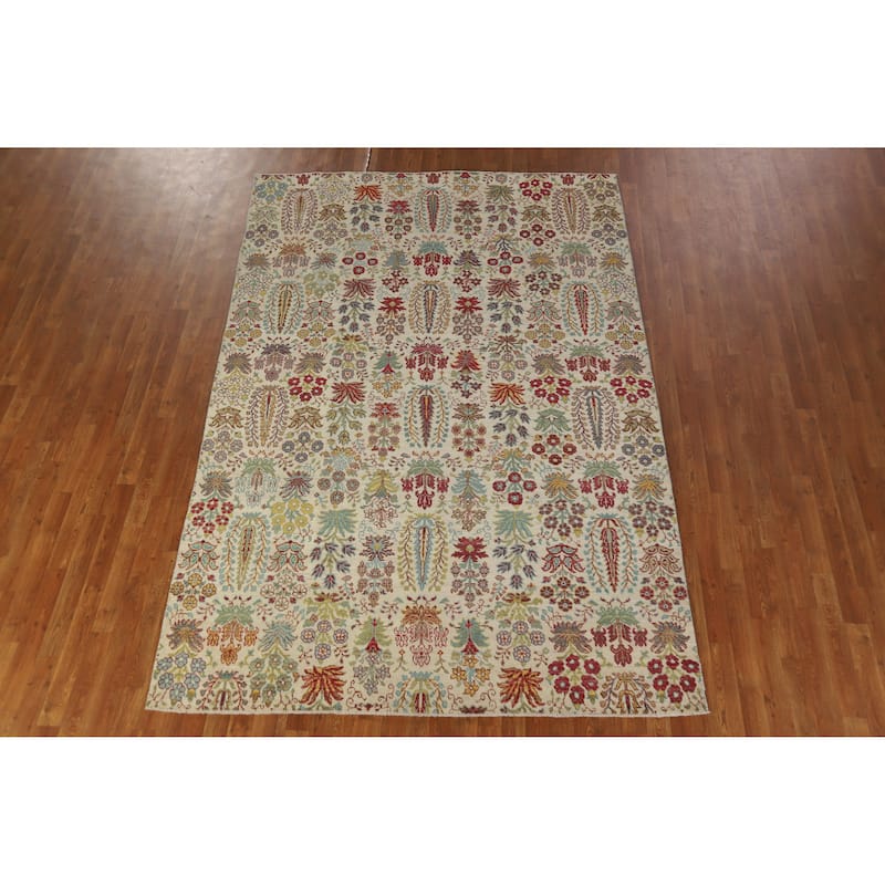 Hand Knotted Oriental 100% Wool Carpet Traditional All-Over Beige & Ivories Ziegler Area Rug - 9' 9'' X 6' 5''