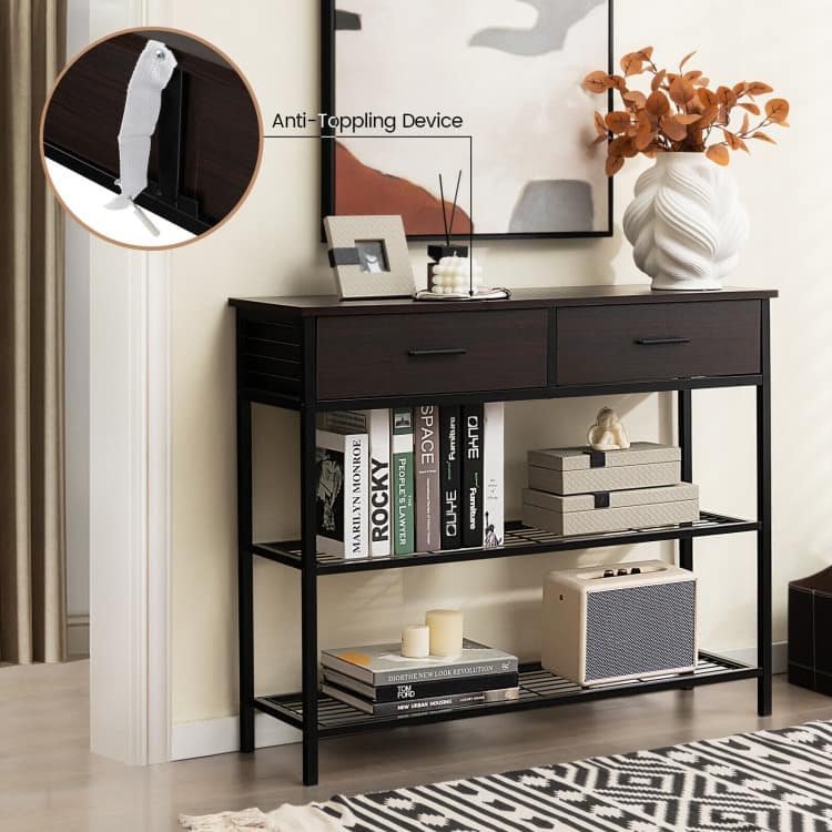 39.5 Inch Entryway Table with 2 Drawers and 2-Tier Shelves - 39.5" x 12" x 32" (L x W x H)