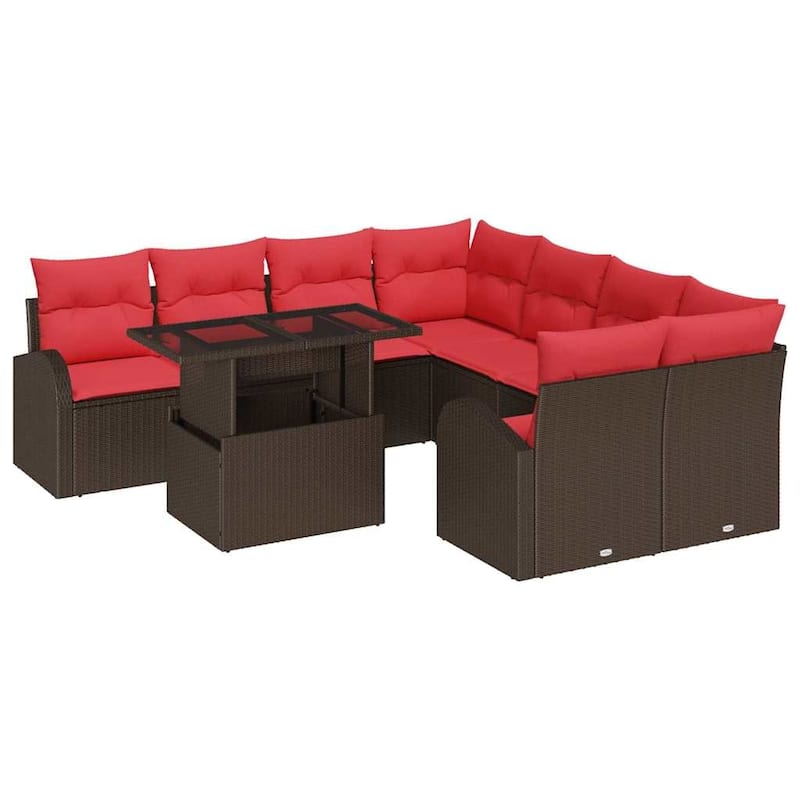 vidaXL 9 Garden Sofa Set with Cushions Black/Brown/Grey Poly Rattan - 92.1 x 92.1 x 27.2