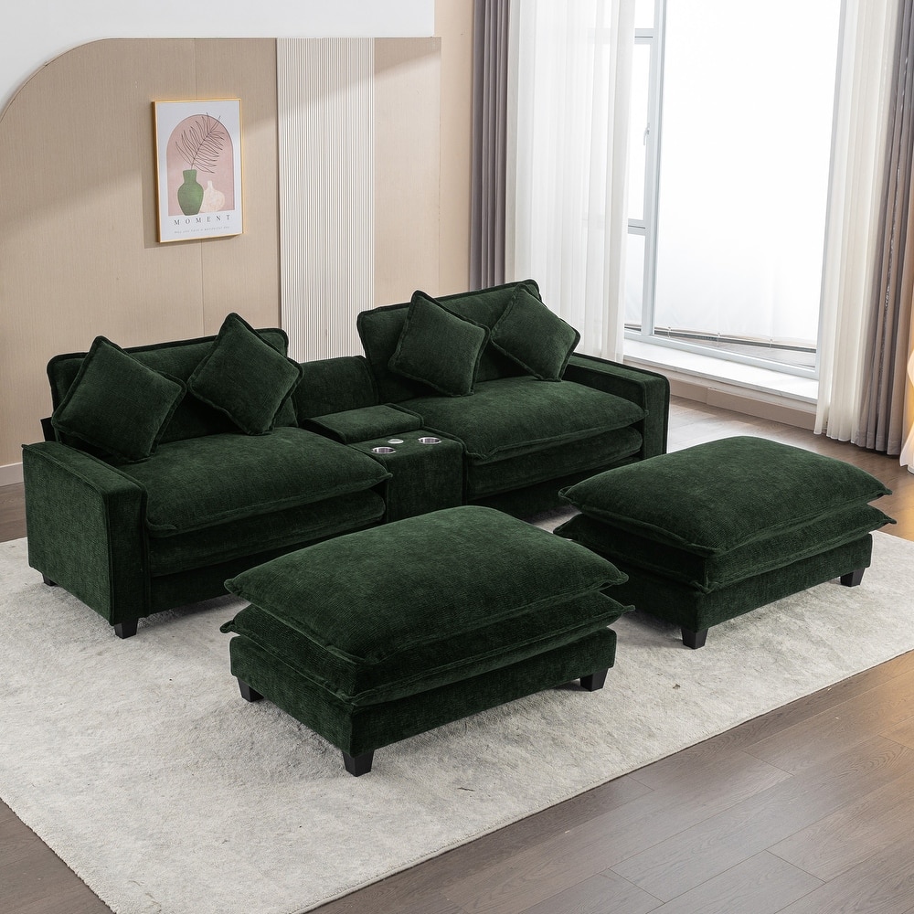 Roomfitters Chenille Sectional Sofa with 2 Ottomans, USB Ports, Cup Holders and Storage Box for Living Room