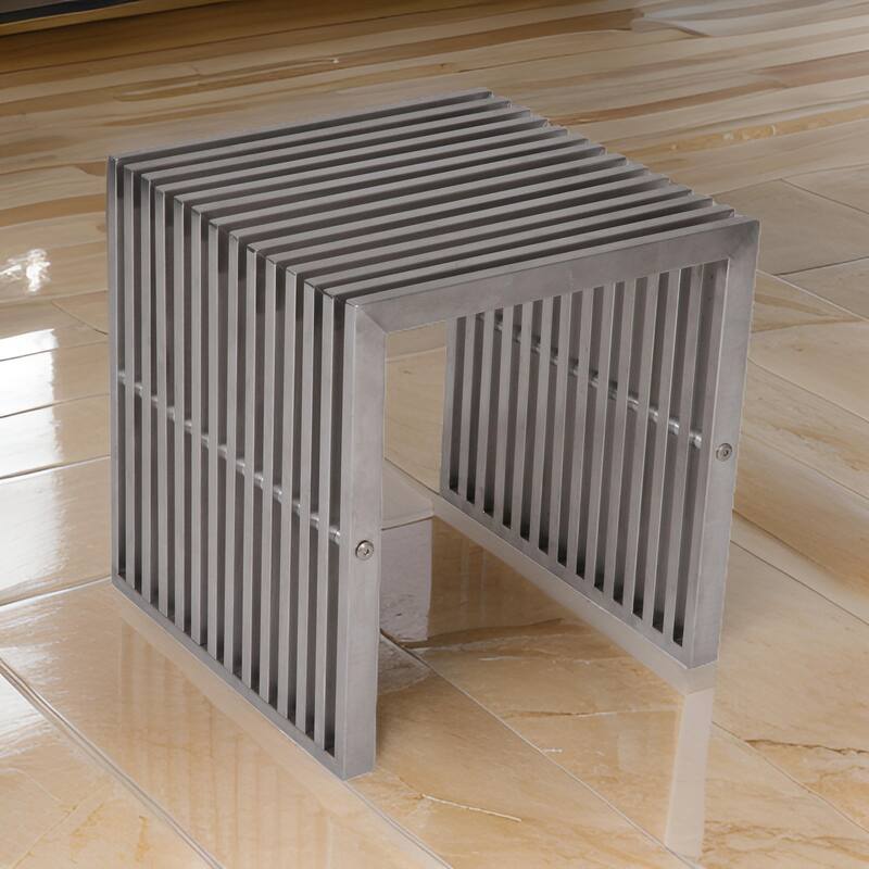 Meza 17 Inch Accent Stool, Waterfall Silver Slatted Panel Frame