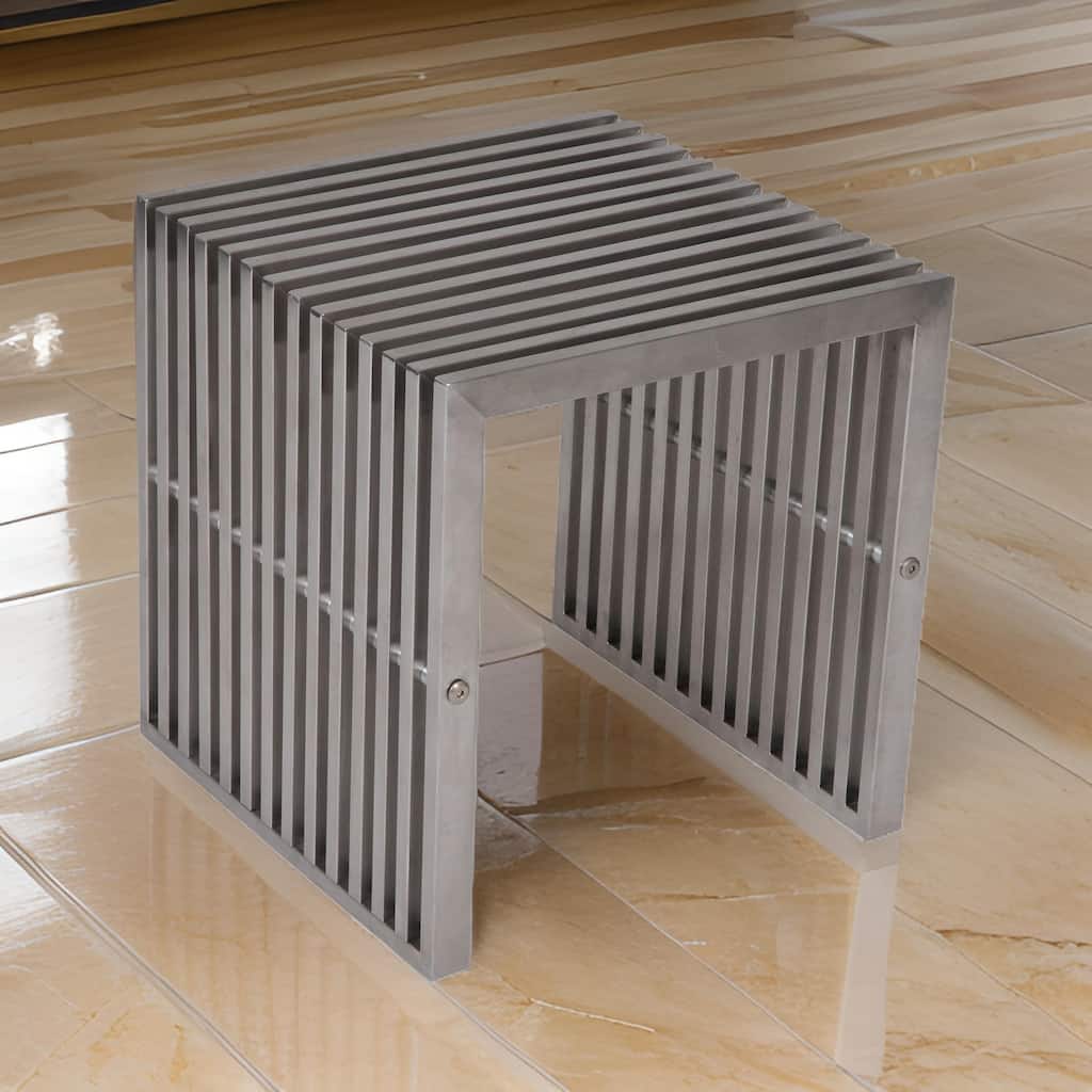 Meza 17 Inch Accent Stool, Waterfall Silver Slatted Panel Frame