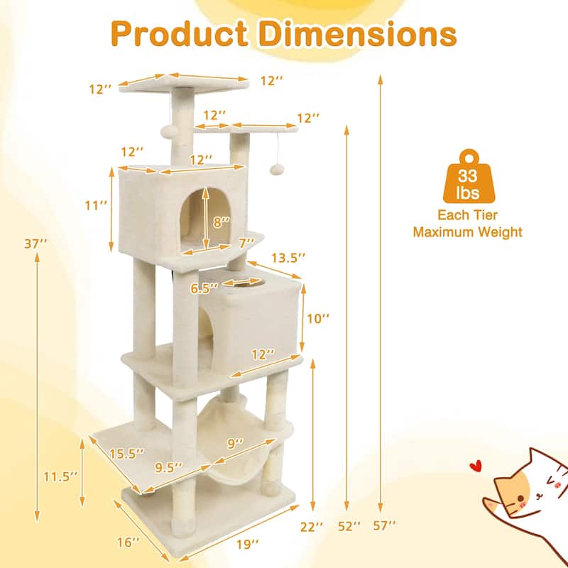 Gymax 57'' Cat Tree for Indoor Cats w/Dual Condos Hammock Sisal