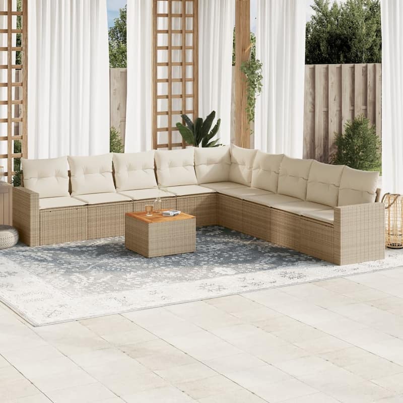 vidaXL Patio Sofa Set with Cushions Outdoor Furniture 10 Piece Poly Rattan - 25.8 x 24.4 x 27.2 - Beige and Cream