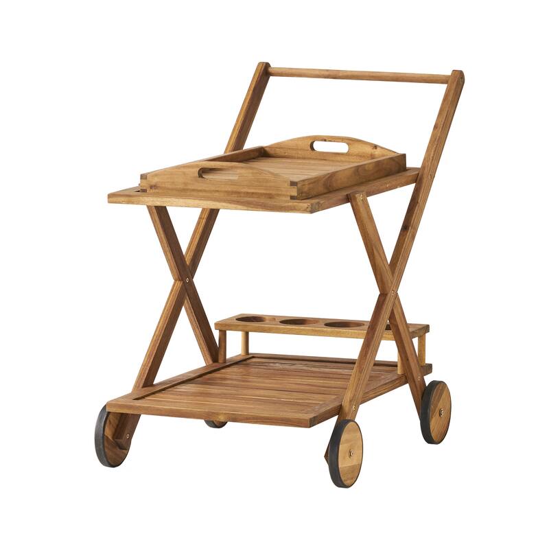 Roomfitters Outdoor Wooden Rolling Bar Cart with Bottle Holders, Serving Trolley with Two-Tier Storage, Natural Wood
