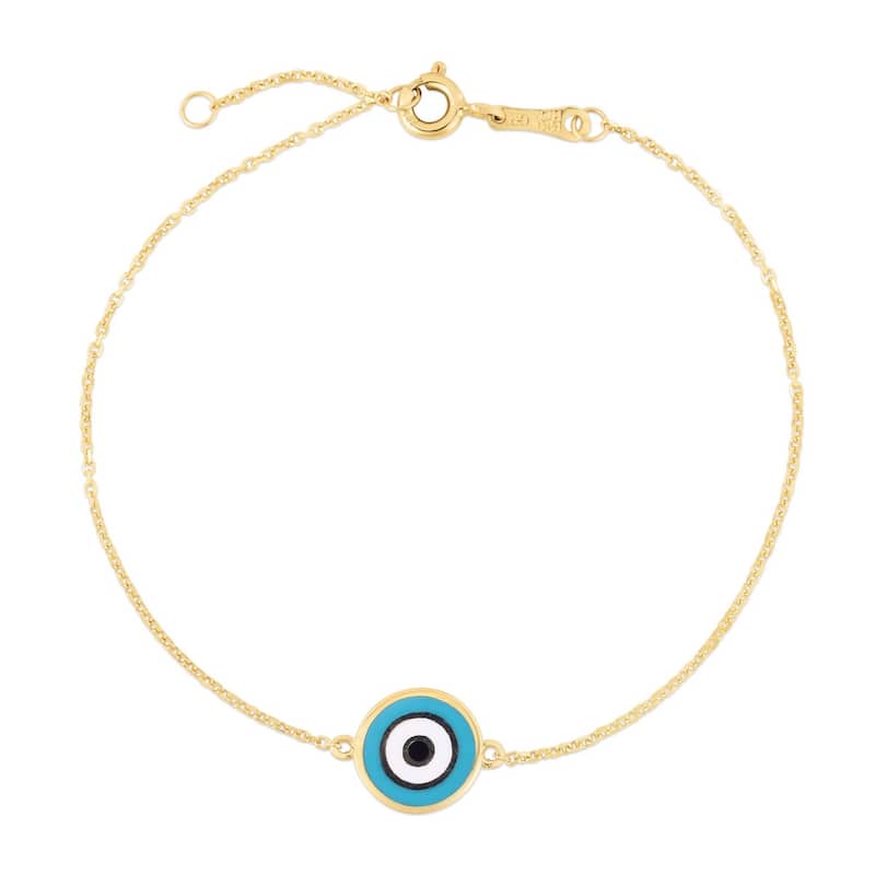 Curata 14k Yellow Gold 12.3mm Round Blue Enamel Evil Eye Bracelet