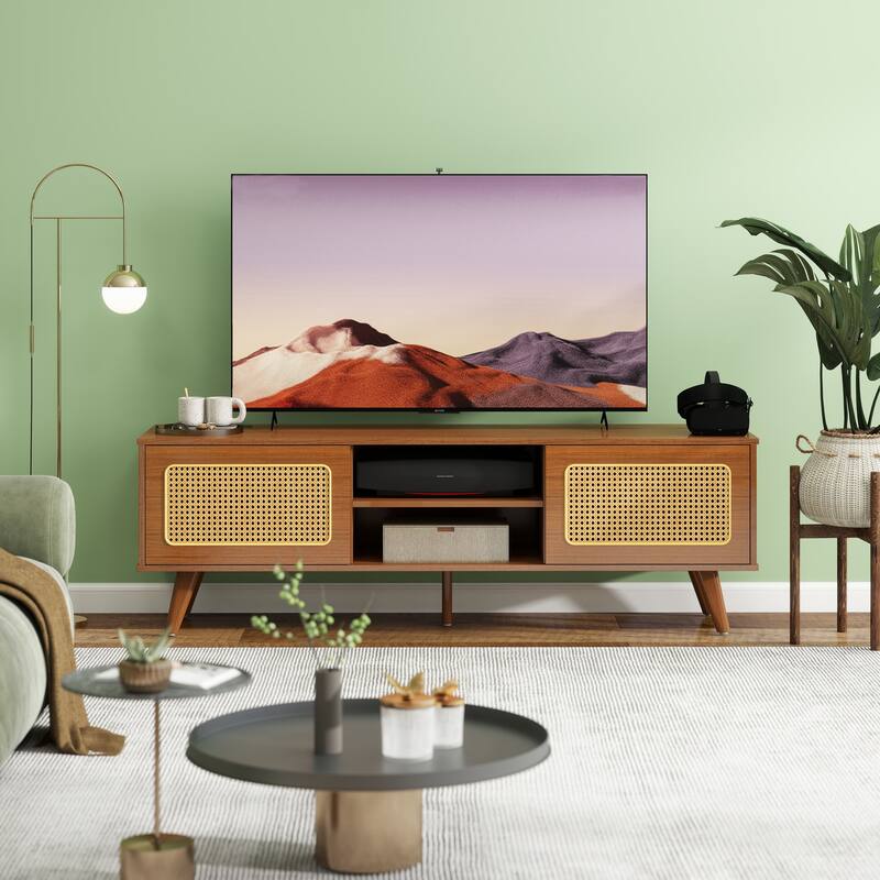 Mid Century Modern Rattan TV Stand for 55/60/65 inch TV