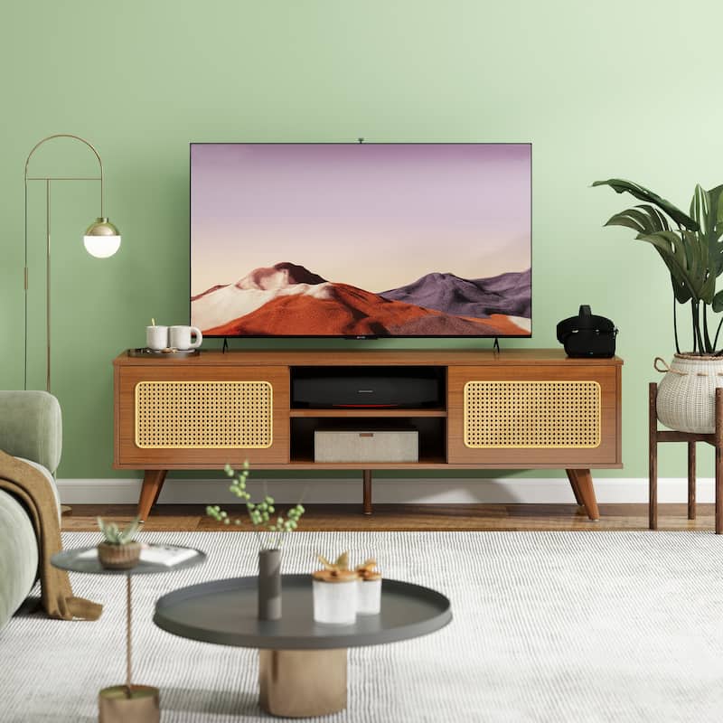 TV Stand with Rattan Cabinet Doors, Entertainment Center with Shelves and 2 Cabinets, Console Table with Solid Wood Feet