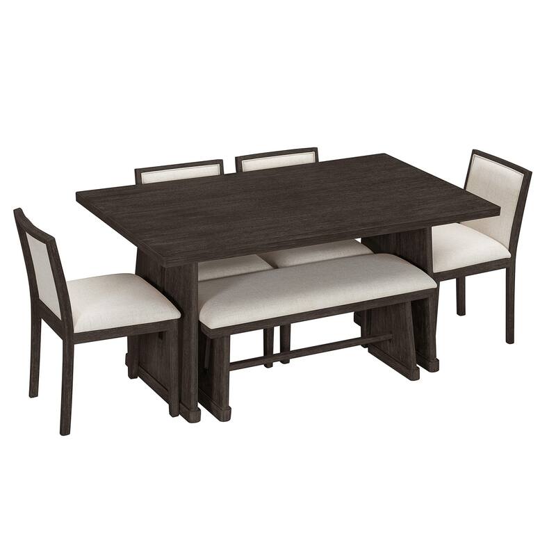 59.8" Farmhouse Dining Table with 4 Upholstered Chairs and 1 Padded Bench