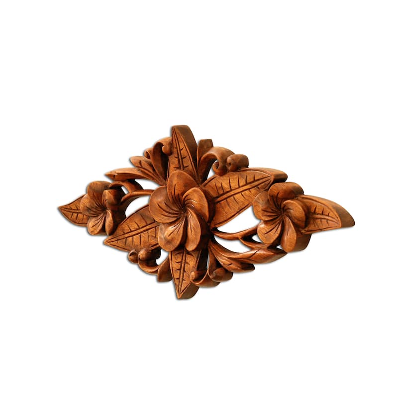 Wooden Hand Carved Wall Art Plumeria Flower Relief Panel Handcrafted Wall Plaque Gift Decorative Home Decor Accent Handmade