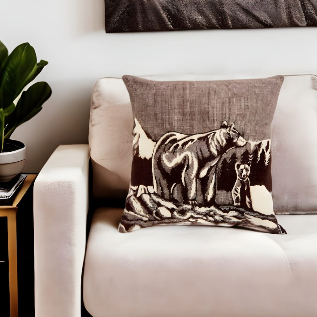 HomeRoots 20" Brown and White Bear Acrylic Throw Pillow Cover