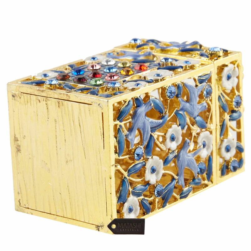 Matashi Hand-Painted Enamel Tzedakah Charity Box, Keepsake Treasure Box Embellished w/ Crystals and a Flower Dove Motif Design