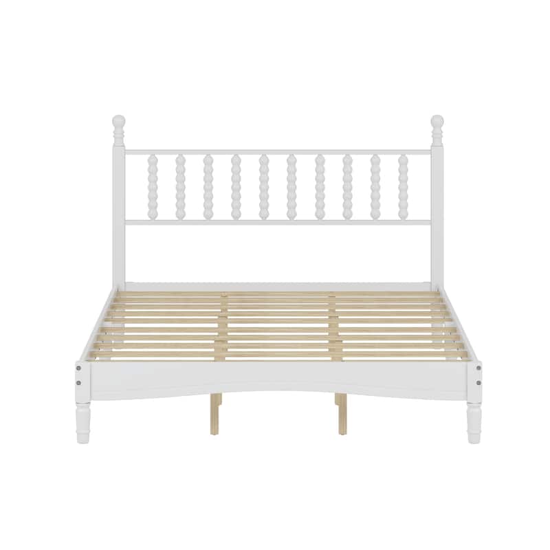 Queen Size Platform Bed Mid Century Concise Bed Frame with Wood Slats and Multi-Center Support Legs, Gourd Shaped Headboard