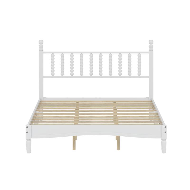 Queen Size Retro Platform Bed - Gourd-Shaped Headboard, Solid Wood Frame