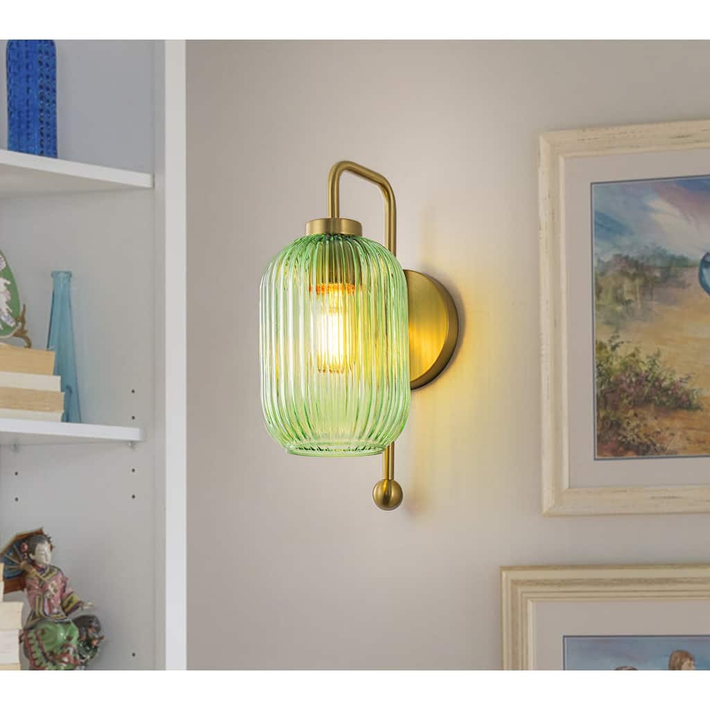 1-Light Green Striped Lantern Glass Wall Sconce - 5.5" W × 8.3" D × 13" H
