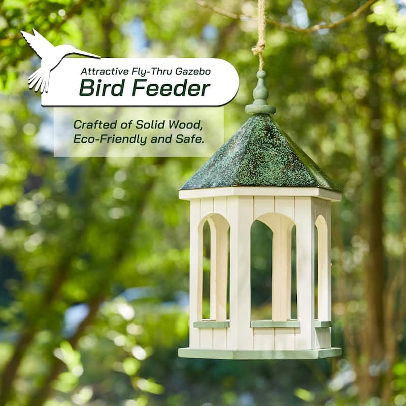 Glitzhome 15.75"H Solid Wood Gazebo Tray Birdfeeder With Metal Roof